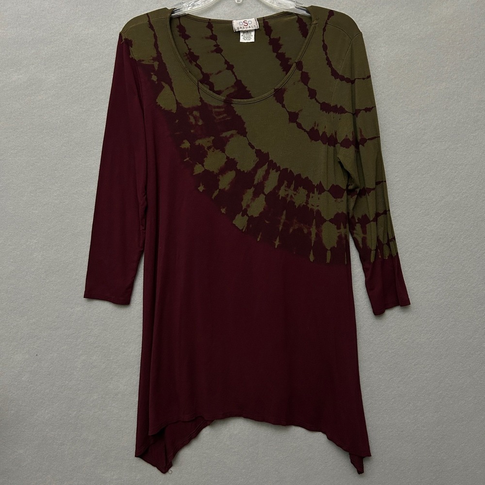 OSO Casuals Tie Dye Tunic Top S Olive Green Burgundy Sharkbite Hem 3/4 Sleeve